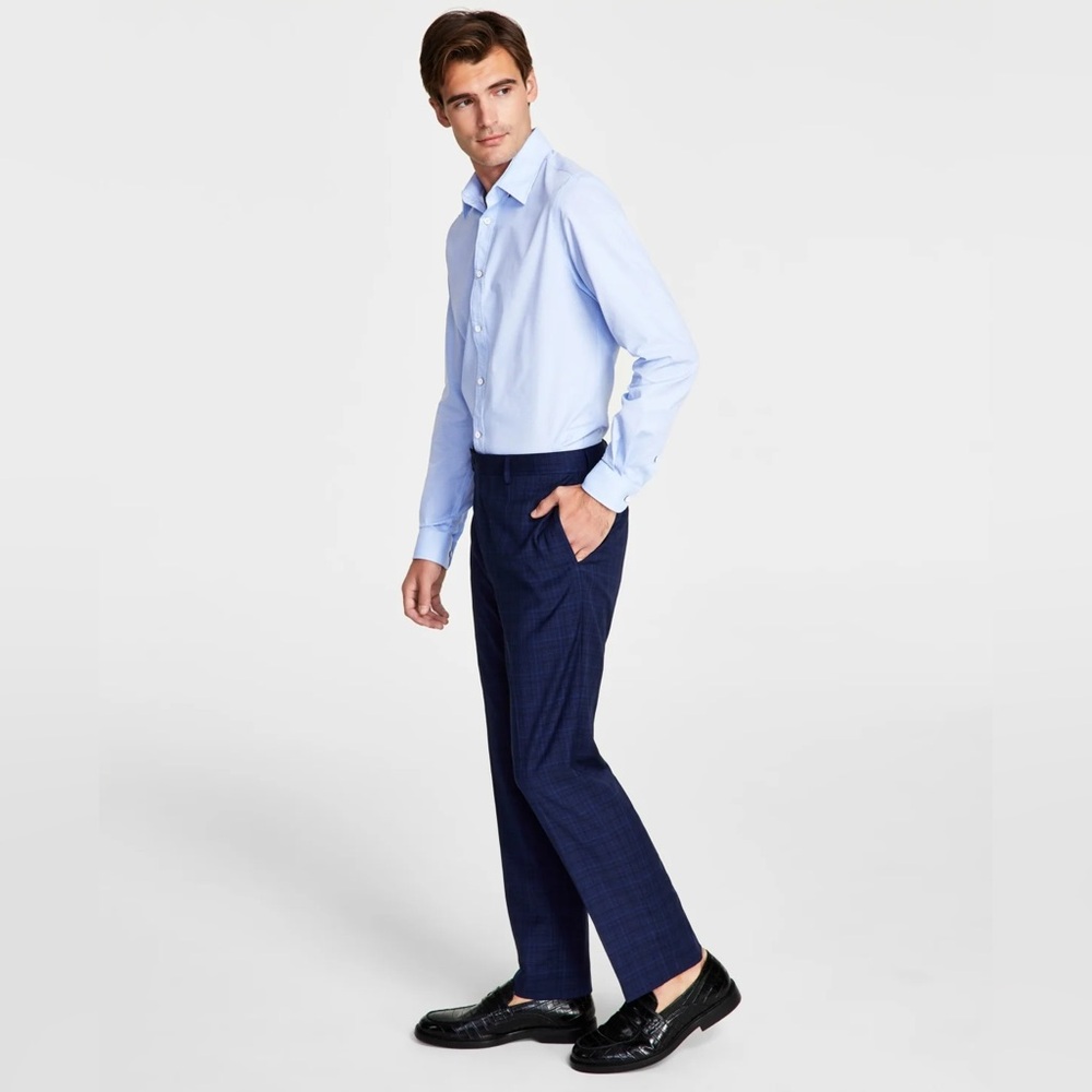 Calvin Klein Men's Slim-Fit Plaid Navy Blue Performance Dress Pants‎ NWT